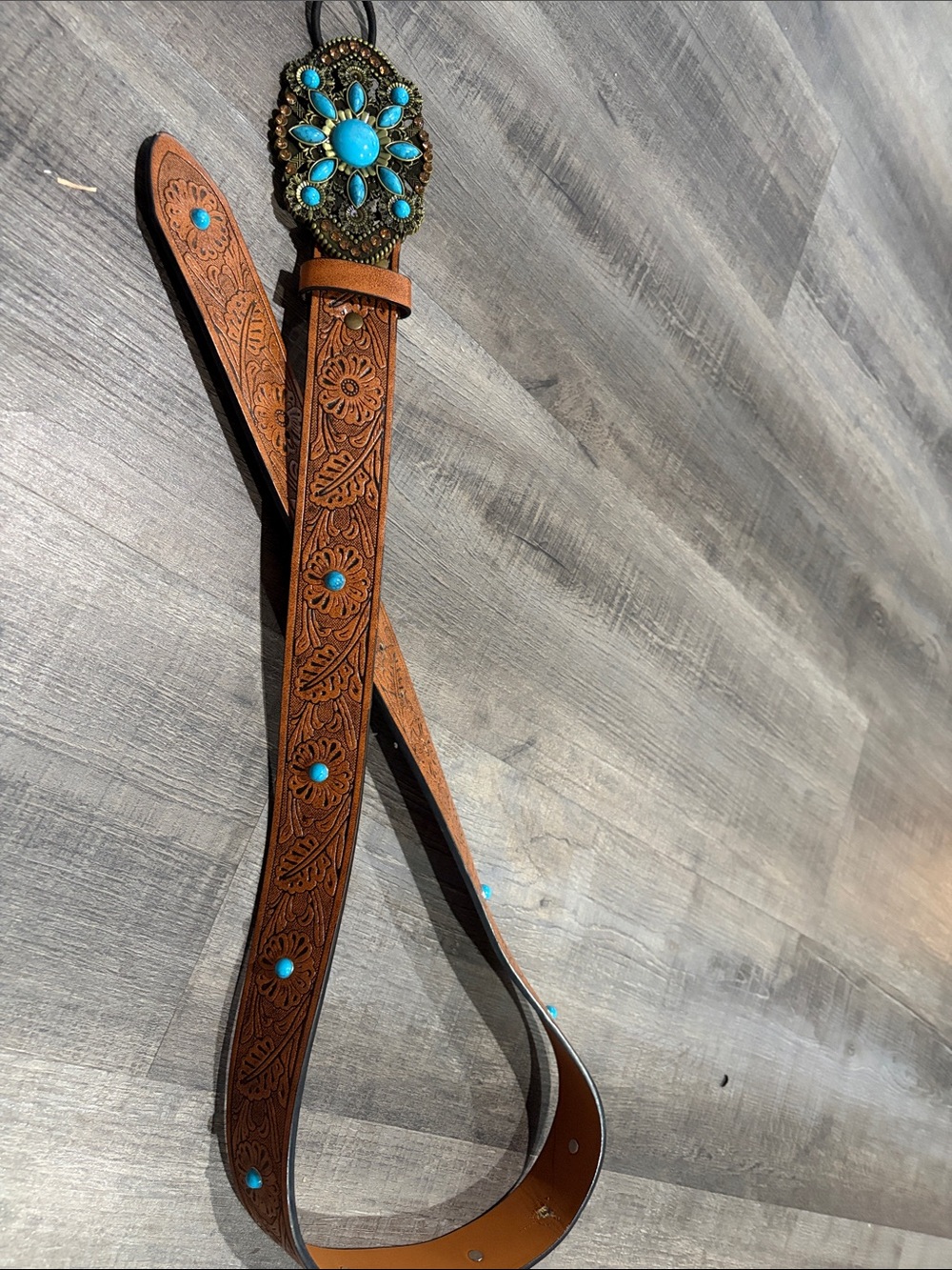 Tooled Brown Leather Belt with Turquoise Conchos